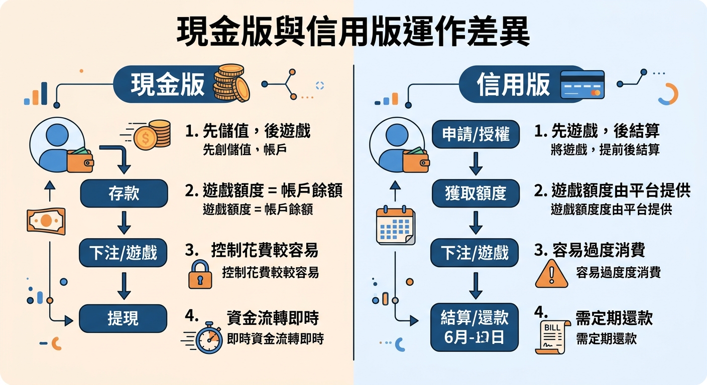 這張資訊圖表以左右對比方式展示「現金版」與「信用版」的運作差異,左側以金幣與錢包圖示說明先儲值後遊玩的即時資金流程。 右側則以信用卡、日曆與帳單圖示呈現先遊玩後結算的授權與定期還款模式。