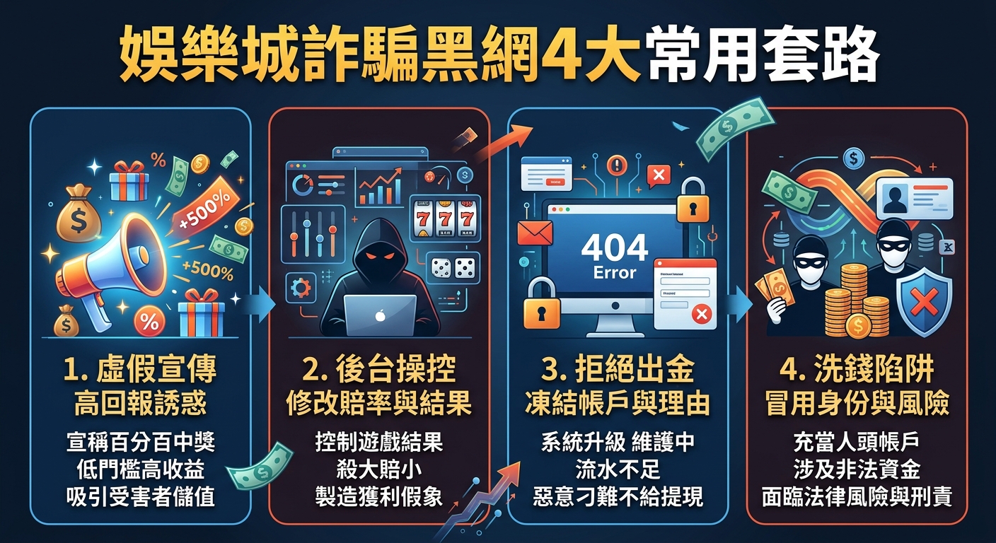 這張圖片展示了娛樂城詐騙黑網的 4 大常用套路,包含高額回報誘惑、後台操縱勝率、拒絕出金與洗錢陷阱。 整體採圖解與流程圖設計,以簡明的圖案與文字提示警示大眾防範網路博弈詐騙。